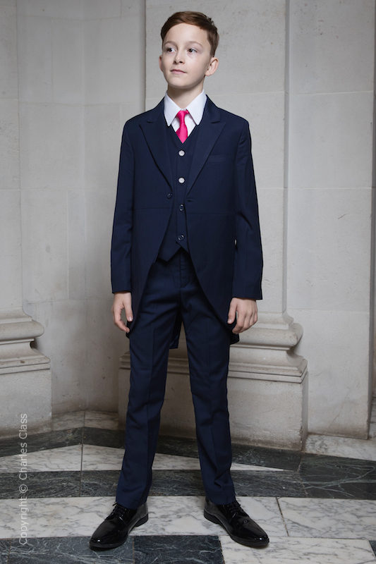 Boys Navy Tail Coat Wedding Suit with Hot Pink Tie | Charles Class